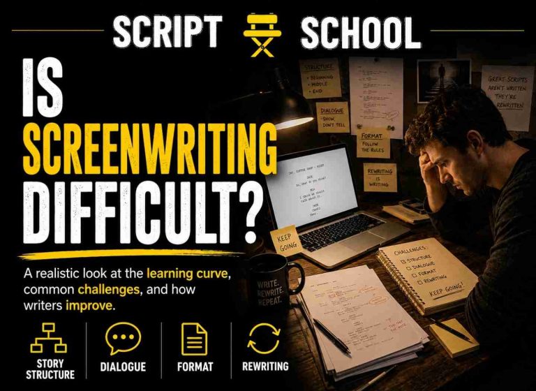 A Script School blog graphic showing a writer struggling at a desk with screenplay drafts, highlighting screenwriting challenges like story structure, dialogue, format, and rewriting.