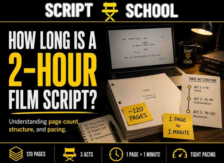 Script School blog graphic showing a screenplay stack, laptop, and notes explaining that a 2-hour film script is usually around 120 pages, with one page equal to about one minute of screen time.