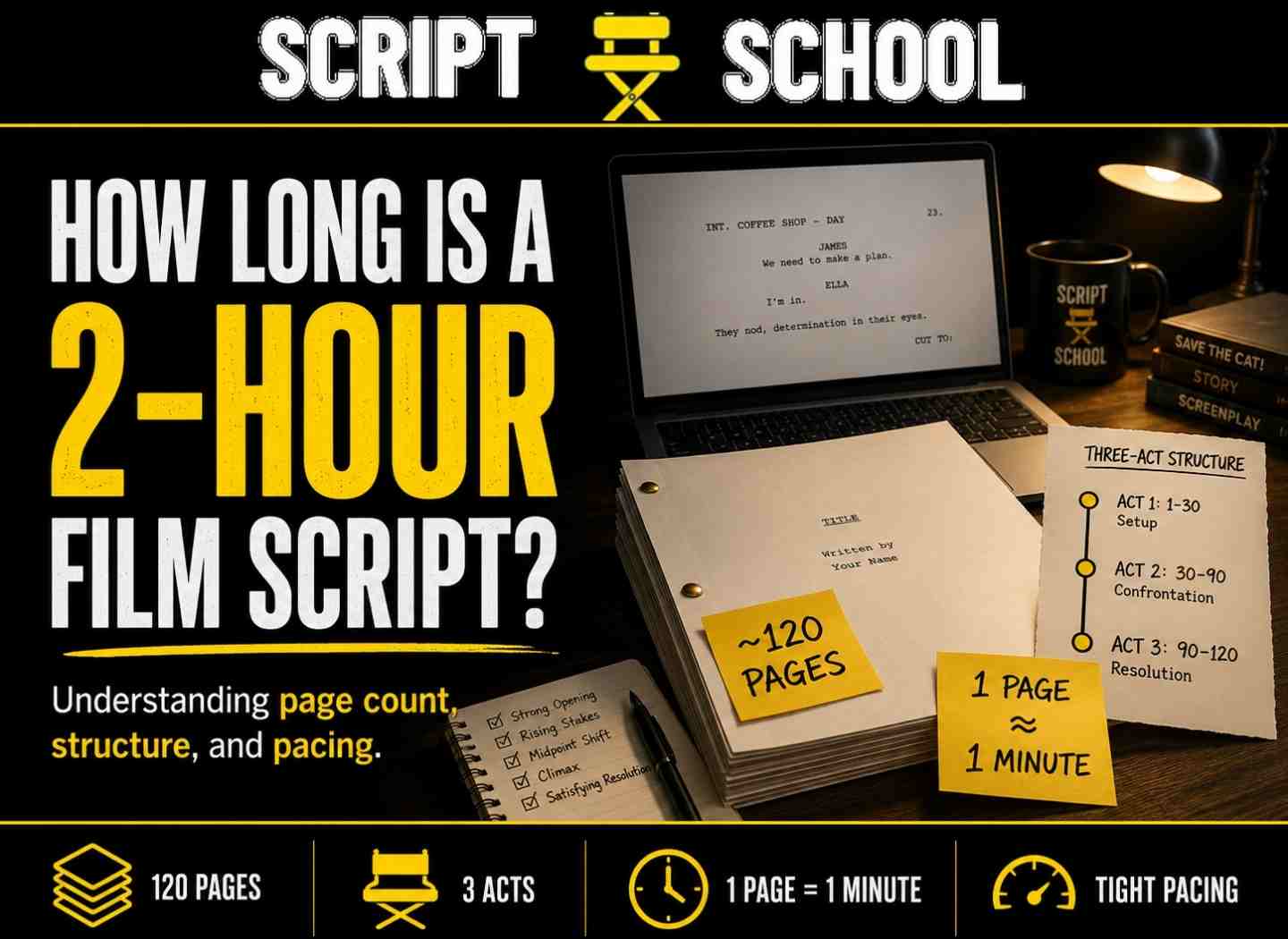 Script School blog graphic showing a screenplay stack, laptop, and notes explaining that a 2-hour film script is usually around 120 pages, with one page equal to about one minute of screen time.