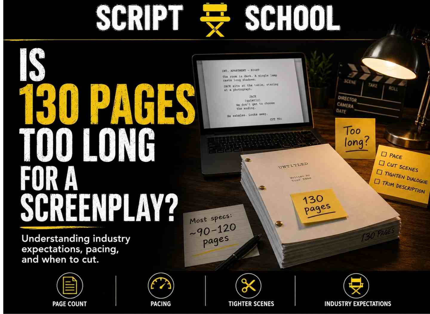 Script School blog graphic showing a 130-page screenplay stack with notes about page count, pacing, trimming scenes, and industry screenplay length expectations.